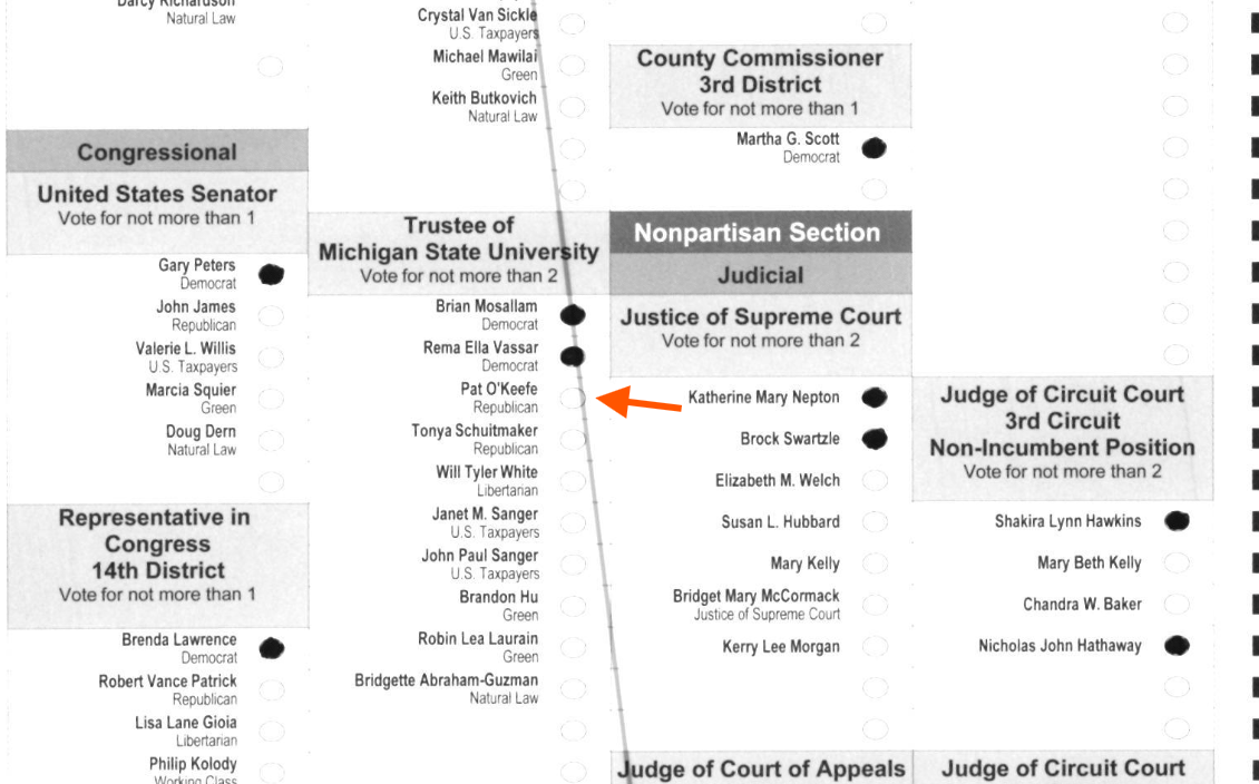 Example of scanner artifact: angled ruler line on ballot image